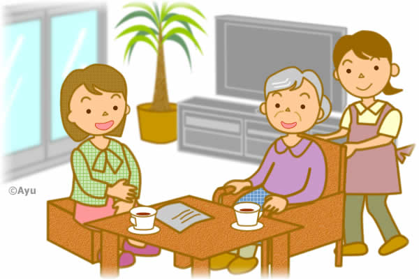 家庭訪問調査イメージ。ご年配の女性対象者の自宅でインタビューをする調査員（インタビュアー）のイラスト
